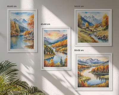 Moderní sada obrazů podzimní hory s říční chatou