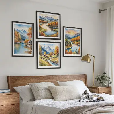 Moderní sada obrazů podzimní hory s říční chatou