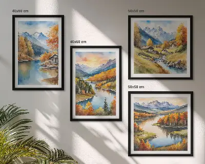 Moderní sada obrazů podzimní hory s říční chatou
