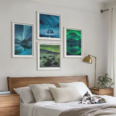 Sada obrazů Zimní krajina s polární září moderní provedení