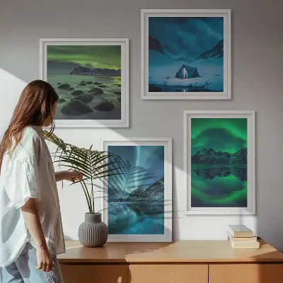 Sada obrazů Zimní krajina s polární září moderní provedení