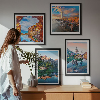 Moderní sada obrazů Odraz skal v horských jezerech