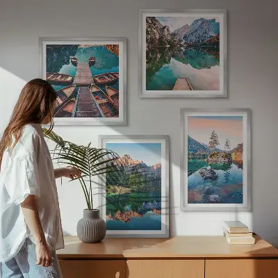 Moderní sada obrazů odraz lesa v horských jezerech