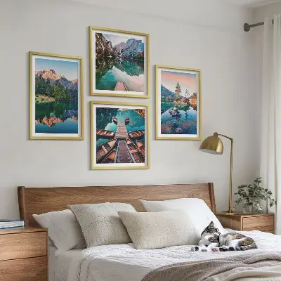 Moderní sada obrazů odraz lesa v horských jezerech