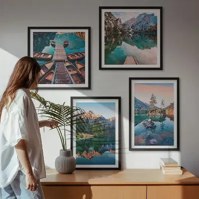 Moderní sada obrazů odraz lesa v horských jezerech