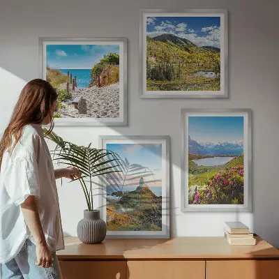 Moderní sada obrazů pláž, maják, hory, louky a květiny