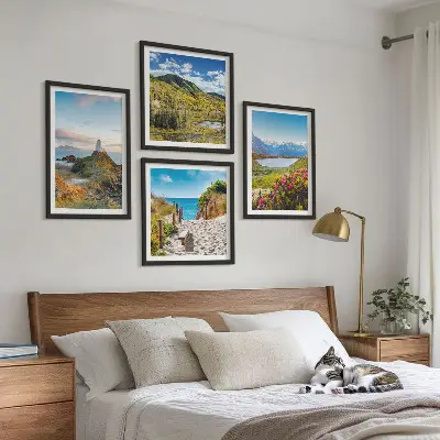 Moderní sada obrazů pláž, maják, hory, louky a květiny