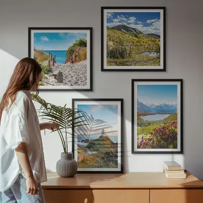 Moderní sada obrazů pláž, maják, hory, louky a květiny