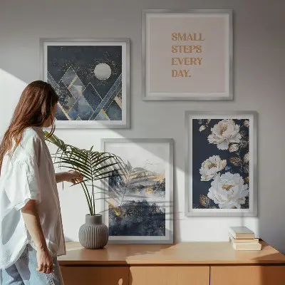 Dekorativní sada obrazů s motivem abstraktních hor a květinovou inspirací
