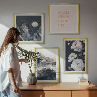 Dekorativní sada obrazů s motivem abstraktních hor a květinovou inspirací