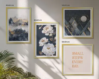 Dekorativní sada obrazů s motivem abstraktních hor a květinovou inspirací
