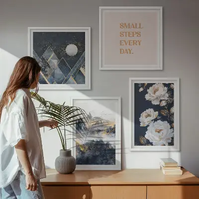 Dekorativní sada obrazů s motivem abstraktních hor a květinovou inspirací