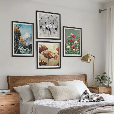 Dekorativní sada obrazů s motivem hor, vodopádu, ptáků a květin