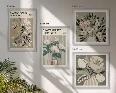 Dekorativní sada obrazů květinové ilustrace Londýn a Hongkong