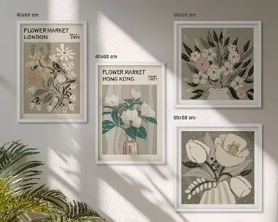 Dekorativní sada obrazů květinové ilustrace Londýn a Hongkong
