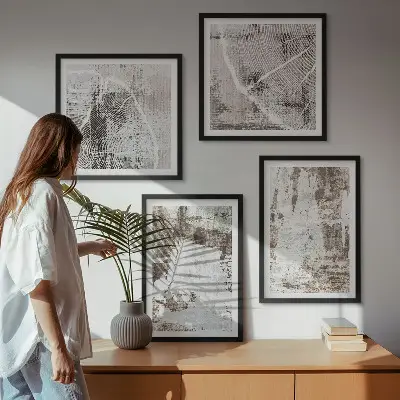 Moderní sada obrazů s abstraktními vzory v bílé a hnědé barvě
