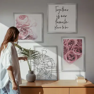 Dekorativní sada obrazů lineart s motivem růžové kytice
