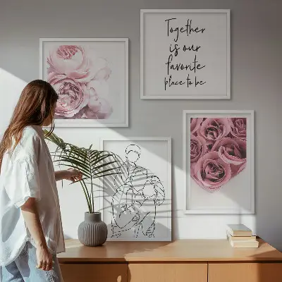 Dekorativní sada obrazů lineart s motivem růžové kytice