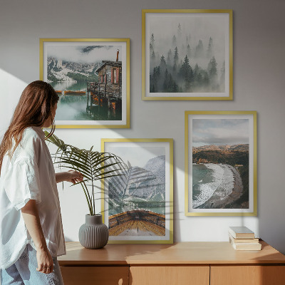 Dekorativní sada obrazů Hory, jezero, loď, mlha, pláž