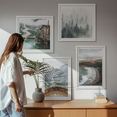 Dekorativní sada obrazů Hory, jezero, loď, mlha, pláž