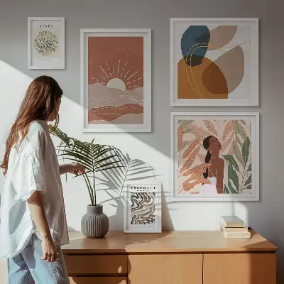 Abstraktní rostlinné motivy v boho stylu poliptyk v rámu
