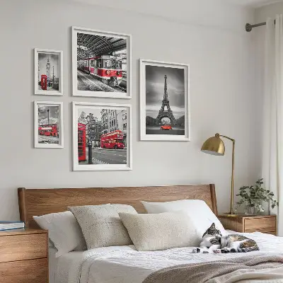 Sada obrazů do ložnice stylové výhledy na Londýn a Paříž