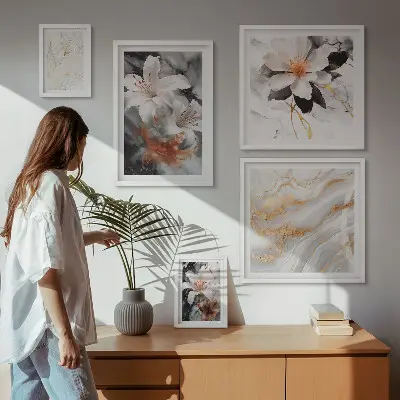 Vícedílný obraz v rámu květinové mramorové pozadí s motivem elegance