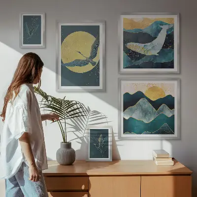 Sada obrazů do ložnice ptáci v horách v moderním stylu