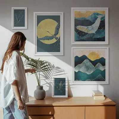 Sada obrazů do ložnice ptáci v horách v moderním stylu