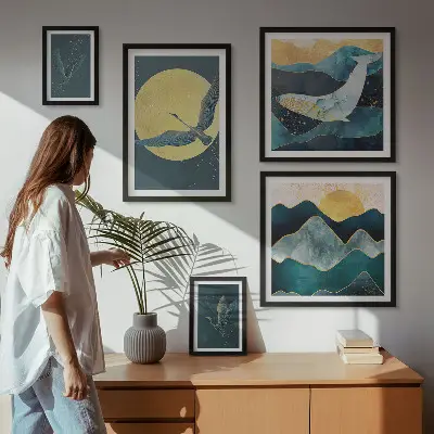 Sada obrazů do ložnice ptáci v horách v moderním stylu