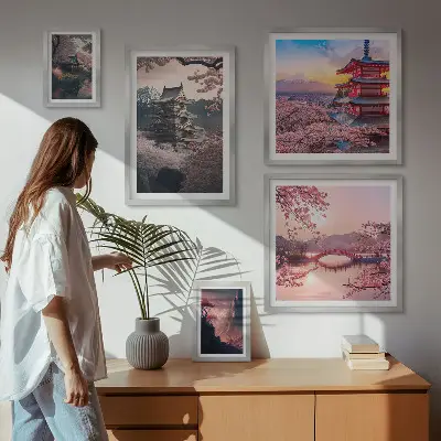 Japonské krajiny s třešňovými stromy poliptyk v rámu