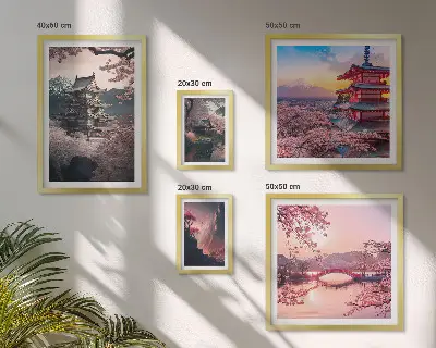 Japonské krajiny s třešňovými stromy poliptyk v rámu