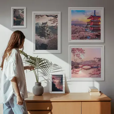 Japonské krajiny s třešňovými stromy poliptyk v rámu