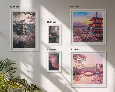 Japonské krajiny s třešňovými stromy poliptyk v rámu