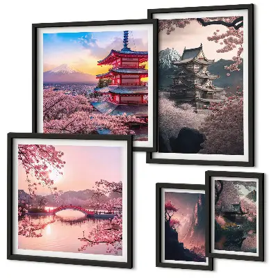Japonské krajiny s třešňovými stromy poliptyk v rámu