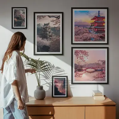 Japonské krajiny s třešňovými stromy poliptyk v rámu