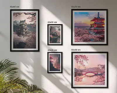 Japonské krajiny s třešňovými stromy poliptyk v rámu
