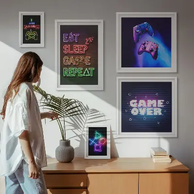 Poliptyk v rámu s motivem počítačových her v neonovém stylu