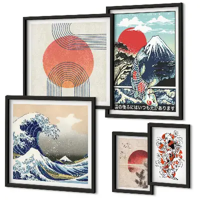 Vlny s motivy japonského umění poliptyk v rámu