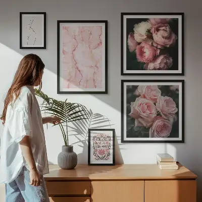 Růžové květy v boho stylu vícedílný obraz v rámu