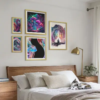 Sada obrazů do ložnice kosmické inspirace v surrealistickém stylu