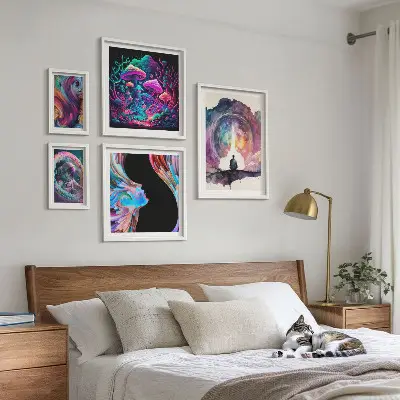 Sada obrazů do ložnice kosmické inspirace v surrealistickém stylu
