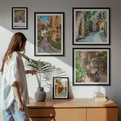 Sada obrazů do ložnice okouzlující uličky s květinami