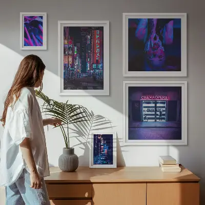 Neonové noční městské scenérie poliptyk v rámu