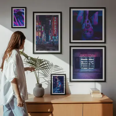Neonové noční městské scenérie poliptyk v rámu