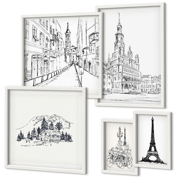 Sada obrazů do ložnice Stylové architektonické ilustrace
