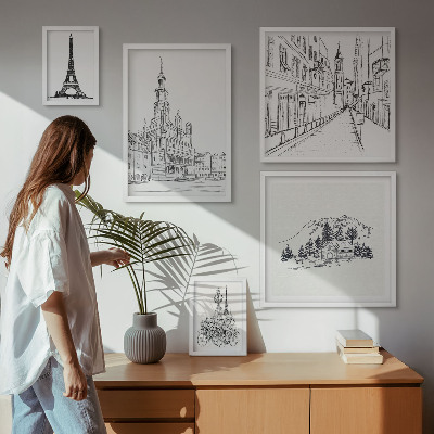 Sada obrazů do ložnice Stylové architektonické ilustrace
