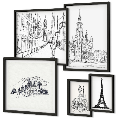 Sada obrazů do ložnice Stylové architektonické ilustrace