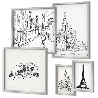 Sada obrazů do ložnice Stylové architektonické ilustrace