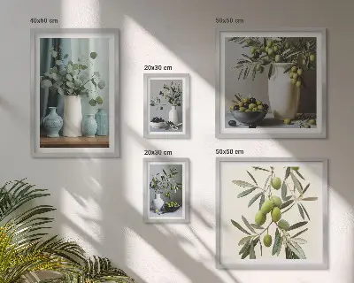 Dekorace Zelené olivy ve váze v rámu jako polyptych
